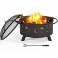 30 Inch Outdoor Fire Pit Stars Moons Firepits Round Fire Bowl Wood Burning Black