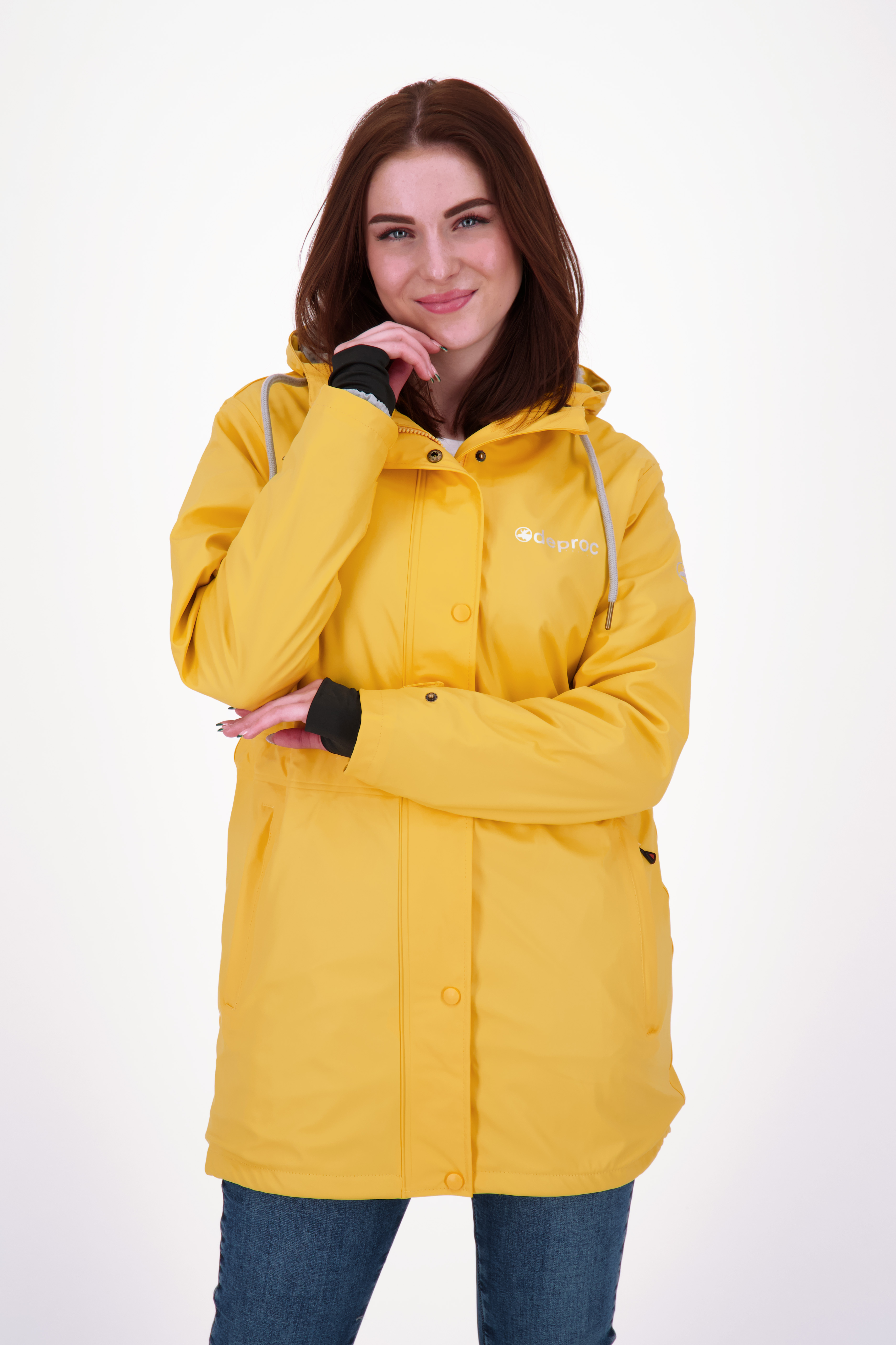 Regenjacke DEPROC ACTIVE "Friesennerz NEW ELLESMERE", Damen, Gr. 52 (XXL), gelb, Obermaterial: 100% Polyurethan;Futter: 100% Polyester, figurumspielend, gerader Abschluss mit Druckknopf, Jacken Regenjacke, auch in Großen Größen erhältlich
