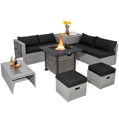 Costway 9 Pieces Outdoor Patio Furniture Set with 32-Inch Propane Fire Pit Table-Black