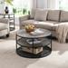 3-Tier Wood Coffee Table-Retro Farmhouse Circle Table with Metal Frame & Mesh Shelf Tabletop