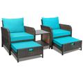 LeveLeve Balcony Furniture 5 Piece Patio Conversation Set PE Wicker Rattan Outdoor Lounge Chairs with Soft Cushions 2 Ottoman&Glass Table for Porch Lawn-Brown Wicker (Lake Blue)