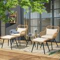 JOIVI 5-Piece Outdoor Patio Furniture Set PE Rattan Wicker Small Patio Set Porch Furniture Cushioned Patio Chairs with Ottomans and Square Side Table