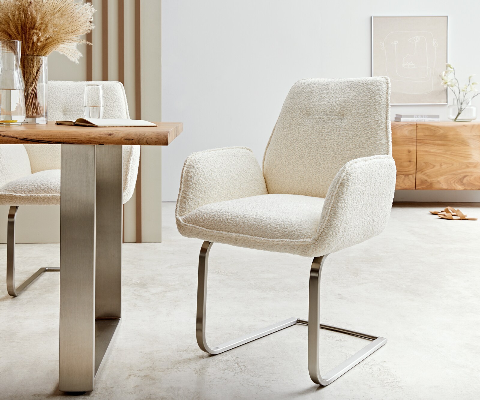 DELIFE Freischwinger Zoa-Flex Bouclé Weiß Freischwinger flach Edelstahl Taschenfederkern, Esszimmerstühle Image