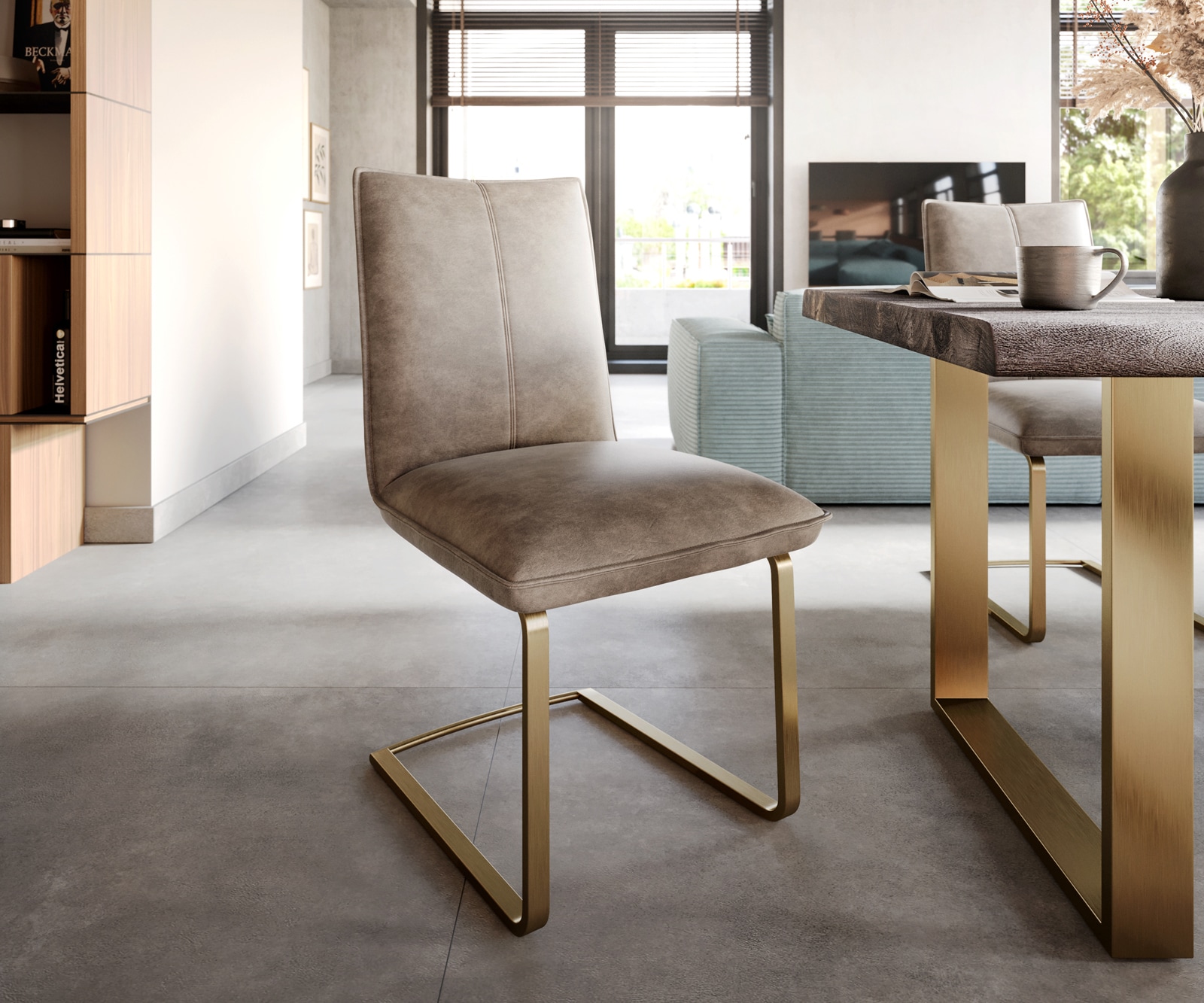 DELIFE Freischwinger Lelio-Flex Mikrofaser Taupe Vintage Freischwinger flach Gold Taschenfederkern, Esszimmerstühle Image