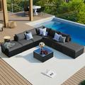 Abanopi 8-Pieces Outdoor Patio Furniture Sets Garden Conversation Wicker Sofa Set Single Sofa Combinable Gray Cushions Black Wicker