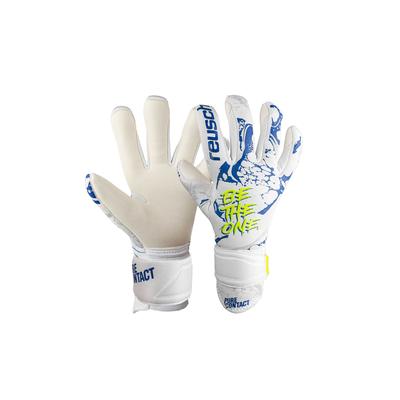 Torwarthandschuhe REUSCH "Pure Contact Silver Junior", Kinder, Gr. 7, weiß (weiß, blau), 49% Polyester, 43% Elastodien, 8% Polyamid, mehrfarbig, sportlich, Handschuhe, mit sehr gutem Grip
