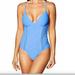 Jessica Simpson Swim | Final Price Jessica Simpson Women's V-Neck Rose Bay Textured One Piece | Color: Blue | Size: S