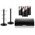 Tower Linear Bread Bin, Tea Coffee Sugar Canisters, Mug Tree & Towel Pole. Rose Gold & Black Kitchen Storage Set of 6