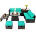 Topbuy 9 Pieces Outdoor Patio Furniture Set with 35-Inch Propane Fire Pit Table Outdoor PE Wicker Space-Saving Sectional Sofa Set with Storage Box and Cushions Turquoise