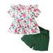 Kucnuzki 3T Toddler Girl Summer Outfits Shorts Sets 4T Short Sleeve Fresh Peach Blossom Peplum Tops Elastic Belt-tie Shorts 2PCS Set Green