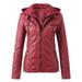 Sayhi Women s Casual Belt Collar Leather Jacket Tops Slim Zip Solid Suit Stand Collar Motorcycle Coat Red L