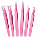 6 Pcs Lash Tweezers Eyelash Extension Tweezers Stainless Steel Straight Tip Tweezers Curved Tip Tweezers Individual Volume Eyelash Tweezers Isolation Tweezers False Lash Application Tools (Pink)