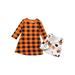 Toddler Kid Girl Halloween Outfit Plaid O-Neck Long Sleeves Dress Cartoon Pumpkin Waistcoat 2Pcs Clothes