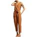 V Neck Sleeveless Jumpsuit for Women Solid Cotton Linen Lace up Waist Business Overall Summer Casual Romper Tapered Pant(S Brown)