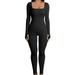 Women s Sexy Bodycon Long Sleeve Square Neck High Waist Jumpsuit Rompers for Yoga Exercise