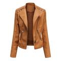 Women Faux Leather Jacket Plus Size Long Sleeve Lapel Zip Up Moto Biker Short Coat with Pockets