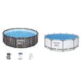 Bestway Steel Pro MAX Frame Pool-Set mit Filterpumpe Ø 366 x 100 cm, Holz-Optik (Mooreiche), rund & Flowclear™ Solarabdeckplane, Ø 356 cm, für runde 366 cm und 396 cm Aufstellpools, blau