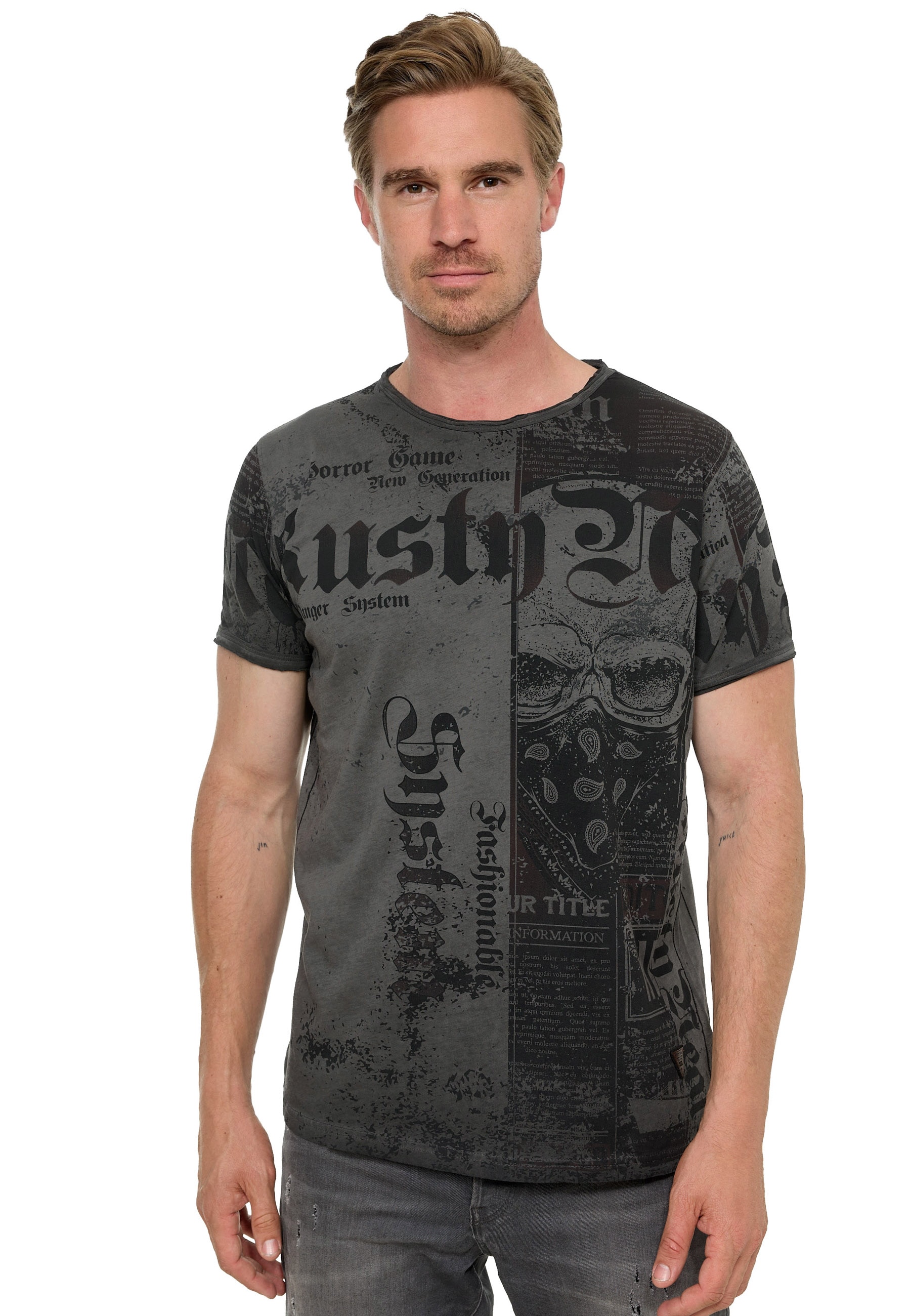 T-Shirt RUSTY NEAL, Herren, Gr. L, grau (anthrazit), 100% Baumwolle, bedruckt, normal, Rundhals, Shirts, mit Allover-Print im Used-Look Image