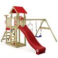 Wickey Play Tower Climbing Frame MultiFlyer Light, Swing & Red Slide, Outdoor Children's Climbing Tower with Sandpit, Ladder & Play Accessories for the Garden