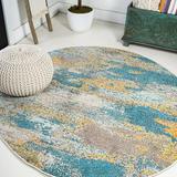 Contemporary POP Modern Abstract Vintage Waterfall Blue/Brown/Orange 5 Round Area Rug