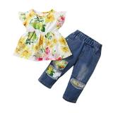 B91xZ Baby Girl Outfit Set Tops Sunflower Ruffle Outfits Kids Baby Pants Floral Toddler Denim Girls Girls Outfits&Set Size 12-18 Months