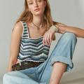 Lucky Brand Crochet Zig Zag Tank - Women's Clothing Tops Tank Top in Blue Multi Stripe, Size XL