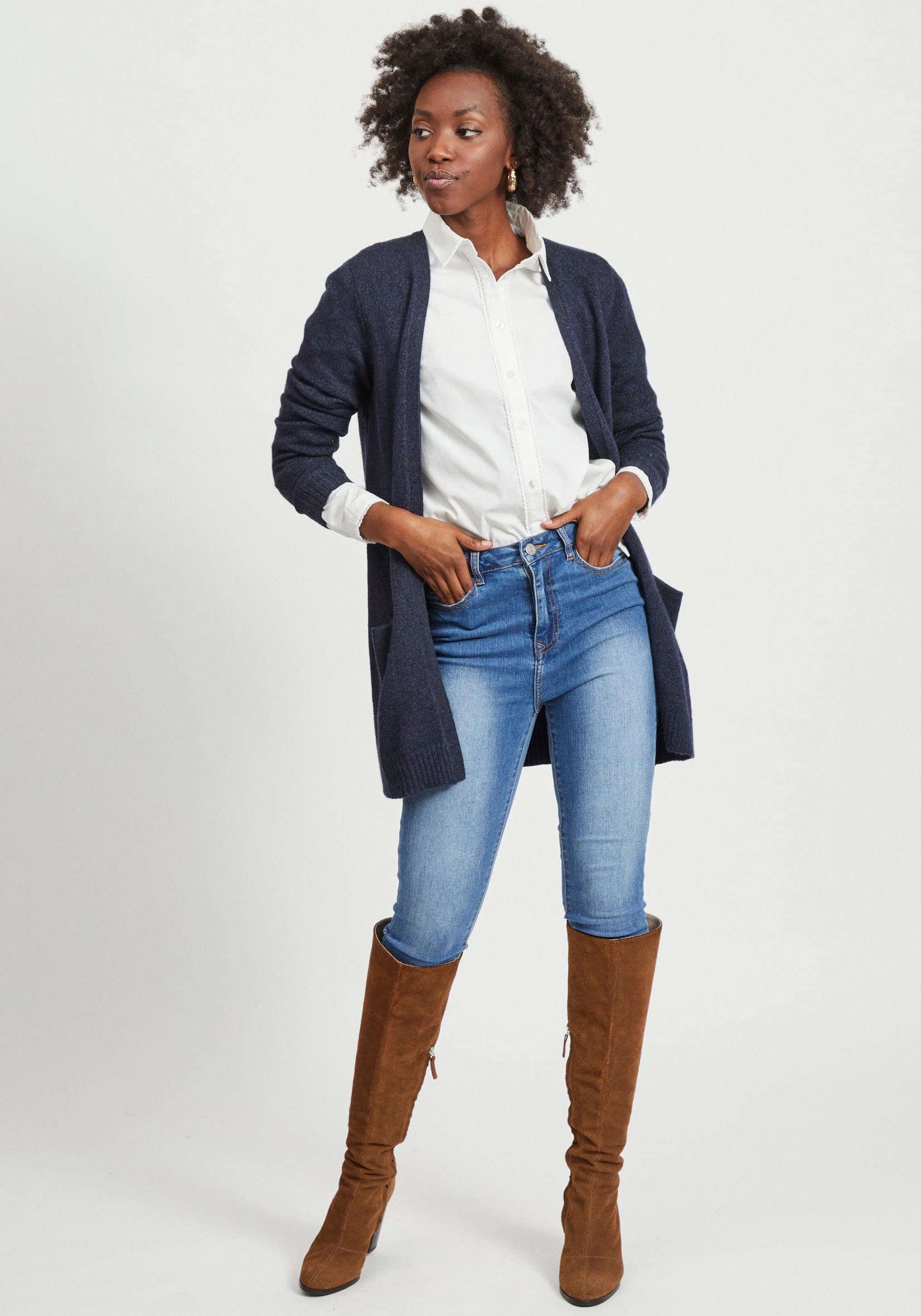 Cardigan VILA "VIRIL OPEN L/S KNIT CARDIGAN - NOOS", Damen, Gr. XS, blau (total eclipse detail:melange), Feinstrick, Obermaterial: 50% Viskose, 27% Nylon, 23% Polyester, meliert, Basic, hüftbedeckend, tiefer V-Ausschnitt, Rippbündchen, Strickjacken,...