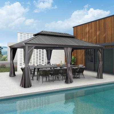 PURPLE LEAF Outdoor Galvanized Steel Hardtop Gazebo, Aluminum Frame Gazebo With Curtains