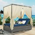 Outdoor Patio Wicker Daybed Adjustable Sun Bed with Curtain Four-Sided Canopy Sectional Couch with Soft Cushions and Steel Frame for Lawn Balcony Garden Backyard Poolside Blue