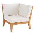 Linon Farrah Outdoor Teak Wood Corner Chair with White Cushions in Natural Oil