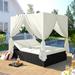 Outdoor Patio Wicker Daybed Ratta Wicker Sunbed with Canopy Overhead Curtains Cushions and Adjustable Seats Wicker Patio Sofa Set for for Lawn Garden Backyard Poolside (Beige Cushions)