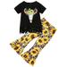 Toddler Kids Girls Outfit Set Short Sleeves Cow Head Sunflowers Top Outfits Set Bell Bottom Pants Flared Girls Outfit Set Outfits Set