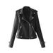 Fusipu Solid Color Women Faux Leather Lapel Motorcycle Jacket Long Sleeve Zip Up Coat