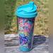 Lilly Pulitzer Dining | Lilly Pulitzer Floral Palm Travel Tumbler Mug Cold Drink Cup | Color: Blue/Pink | Size: Os