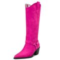 Aachcol Women Western Cowboy Boots Mid Calf Pull-Up Pointed Toe Chunky Block Mid Heel Dress Shoes Suede Zipper Magenta Red B 6.5 CM 3 UK