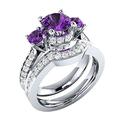 RS JEWELS Beautiful 2.60 ct Lab Created Purple Amethyst Three Stone & Cz Diamond Bridal Ring Set, 2 Piece Pure 925 Sterling Silver in 14k White Gold Over Engagement Wedding Ring Set (S 1/2)