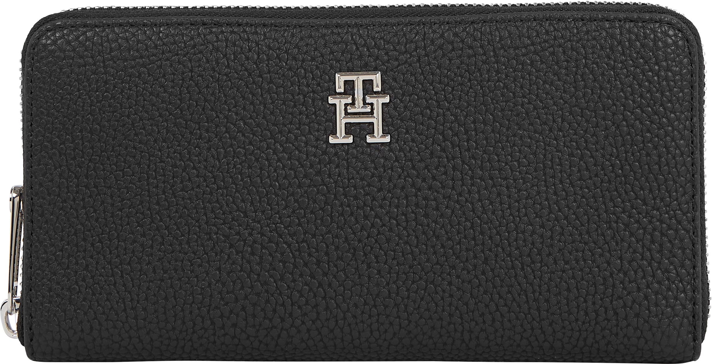 Geldbörse TOMMY HILFIGER "TH EMBLEM LARGE ZA", Damen, schwarz (bds schwarz), Polyurethan, Strukturmuster, unifarben, Kleinlederwaren, mit TH-Emblem vorne