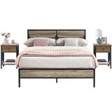 Javlergo 3-Piece Bedroom Sets Wooden Platform Bed Frame with 2 Nightstands, Bedroom Furniture, Slate