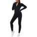 Womens Jumpsuits Casual Custom Sports Lady Turtle Neck Solid Color Bodysuit Bodycon Long Sleeve Half Zip Up Overalls Black M
