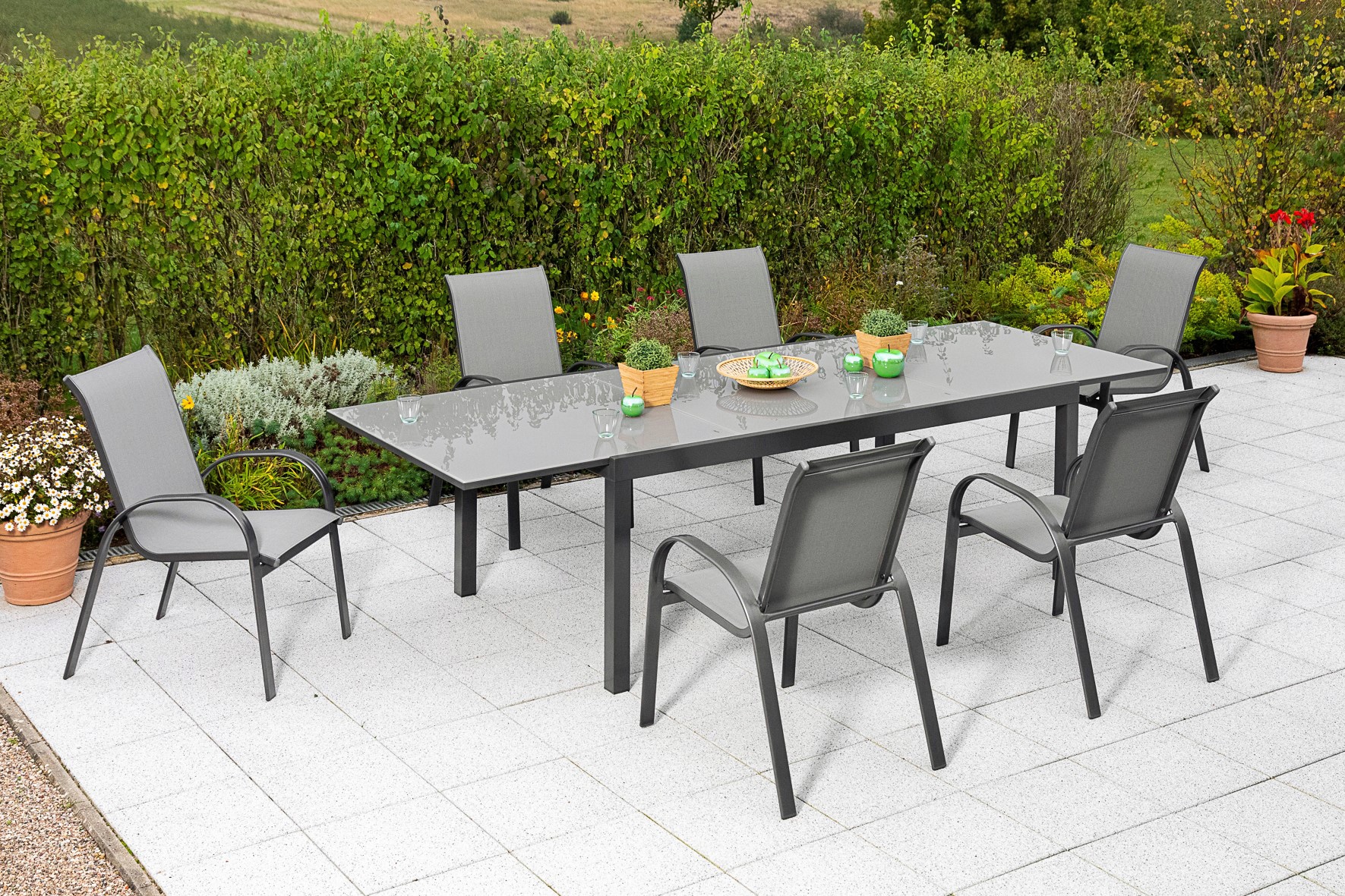 Garten-Essgruppe MERXX "Amalfi", grau (anthrazit, anthrazit, grafit), Polyester, Aluminium, Polyester, Sicherheitsglas, Sitzmöbel-Sets, 6 Stapelsessel, Ausziehtisch 110x 200-300 cm