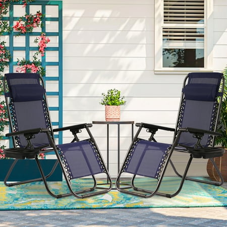 YRLLENSDAN Zero Gravity Chairs Patio Folding Lawn Lounge Chairs Outdoor Lounge Patio Furniture Patio Set of 2 w/ Cup Holder & Adjustable Pillows Blue