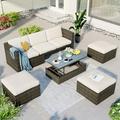 Outdoor Patio Furniture Set 5 Piece Outdoor Dining Sectional Sofa All Weather Wicker Conversation Set with Adustable Backrest Cushions Ottomans and Lift Top Coffee Table Beige