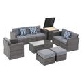 JOIVI Patio Furniture Set Outdoor Sectional Sofa Set 10 Pieces All-Weather PE Wicker Patio Conversation Sets with Rattan Storage Box & Ottomans Tempered Glass Coffee Table Three Blue Pillows Grey