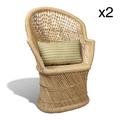 Lot de 2 fauteuils en bambou naturel avec deux coussins beiges