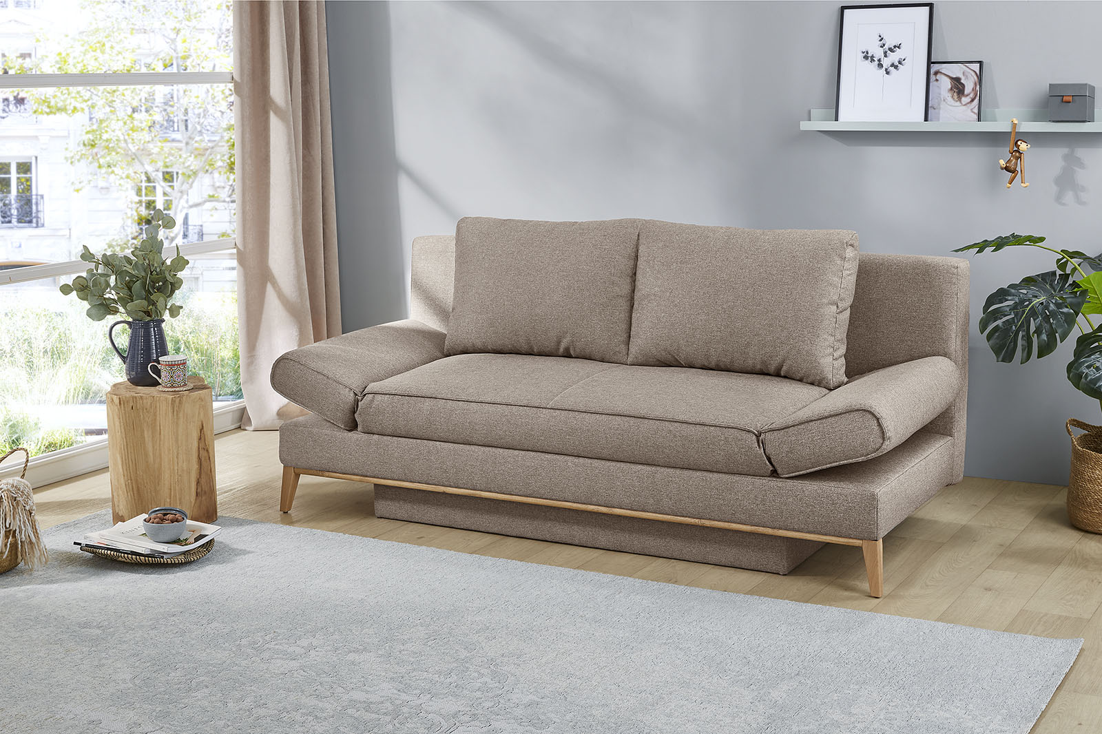 Schlafsofa JOCKENHÖFER GRUPPE "Yann", beige, B:198cm T:92cm, Korpus: 100% Polyester;Kissen: 100% Polyester, Sofas, Schlafsofa 2-Sitzer-Sofa, inklusive Bettfunktion, Stauraum/Bettkasten, verstellbare Armlehnen