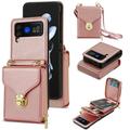 ELEHOLD Crossbody Wallet Case for Samsung Galaxy Z Flip 4 Premium Leather Case with Card Holders Zipper Pocket Metal Snap Detachable Shoulder Strap Luxury Full Body Protection Case for Women Rosegold