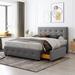 Queen Size Grey Linen Upholstered Platform Bed with Headboard and Drawers