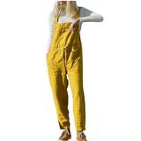 Wycnly Womens Jumpsuits Casual Cotton Linen Plus Size Baggy Strap Long Jumpsuits Overalls Trendy Plain Square Neck Sleeveless Maxi Summer Rompers Yellow xxl