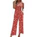 Wycnly Womens Jumpsuits Fashion Elastic Waist One Shoulder Wide Leg Long Jumpsuits with Pocket Trendy Geometric Print Slash Neck Sleeveless Maxi Summer Rompers Red s