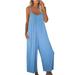 Wycnly Womens Jumpsuits Beach Casual Pleated Wide Leg Spaghetti Strap Jumpsuits with Pocket Trendy Solid Round Neck Sleeveless Long Summer Rompers Blue xl